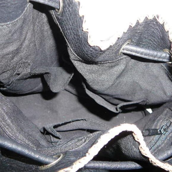 Black Drawstring Closure Cross Body Faux Leather Purse Bag w/Tan Embroidery - Picture 6 of 7